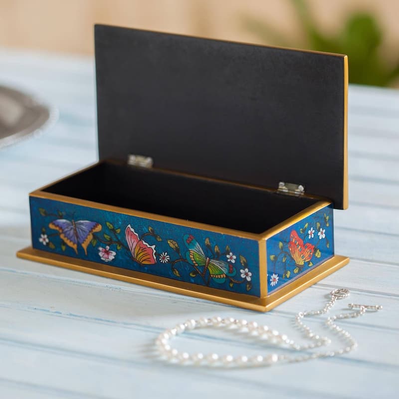 Handmade Butterfly Jubilee In Cyan Reverse Painted Glass Decorative Box (Peru) - 2" H x 7.75" W x 3.9" D