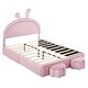 preview thumbnail 7 of 8, Full Size Upholstered Rabbit-Shape Bed with 2 Storage Stools, Velvet Platform Bed with Cartoon Ears Shaped Headboard, Pink