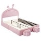 preview thumbnail 39 of 42, Velvet Upholstered Rabbit-Shape Princess Bed, Cute Platform Bed w2 Storage Stools & Headboard & Footboard for Kids