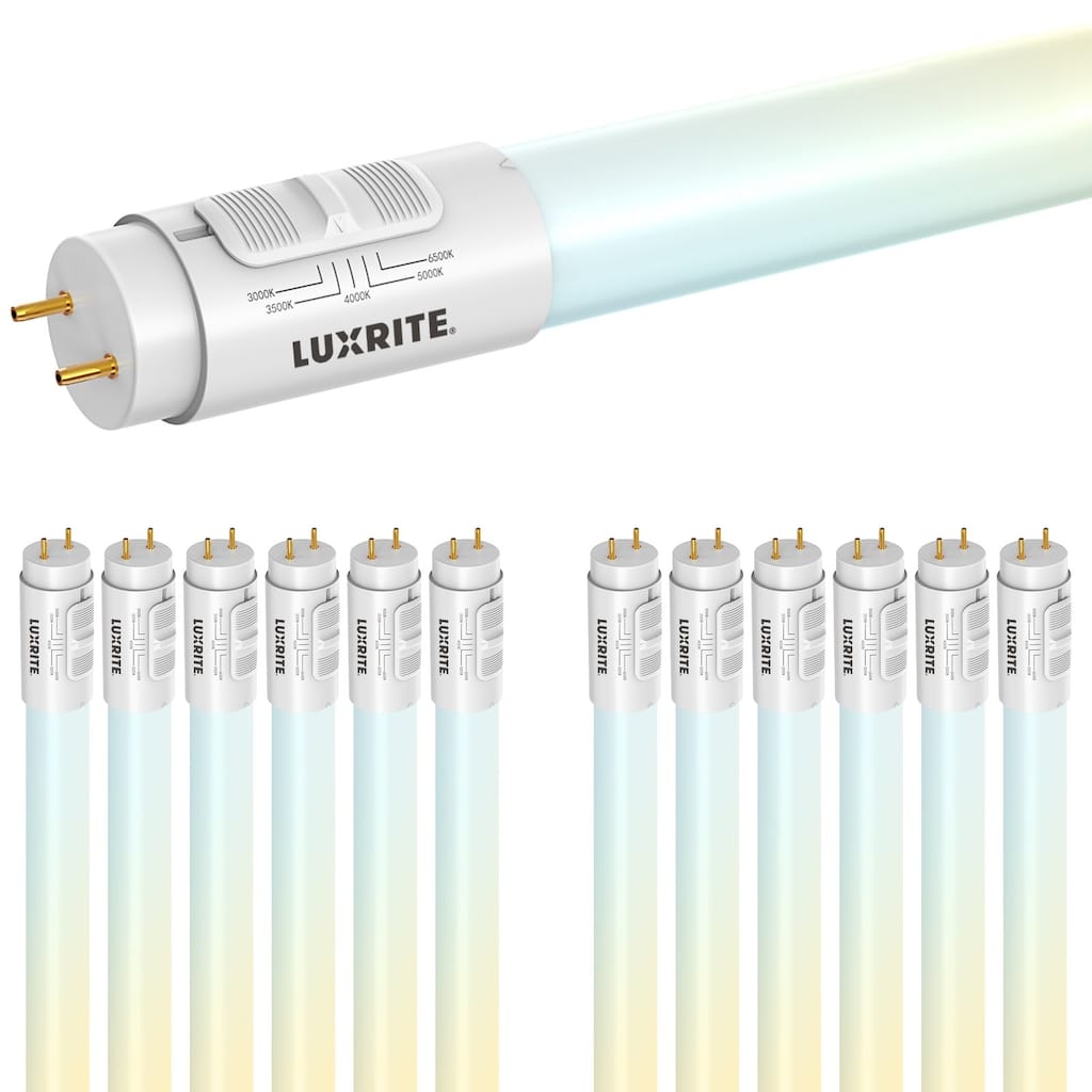 LUXRITE 4FT T8 LED Tube Light, Type A+B, 18W=32W 2340 Lumens 5CCT Ballast Compatible or Bypass UL & DLC Listed 12 Pack