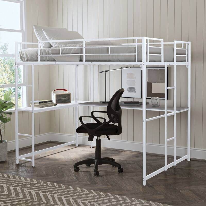 Full Loft Bed with Two Ladders and Desk, White Metal Frame, Space-Saving Design - White