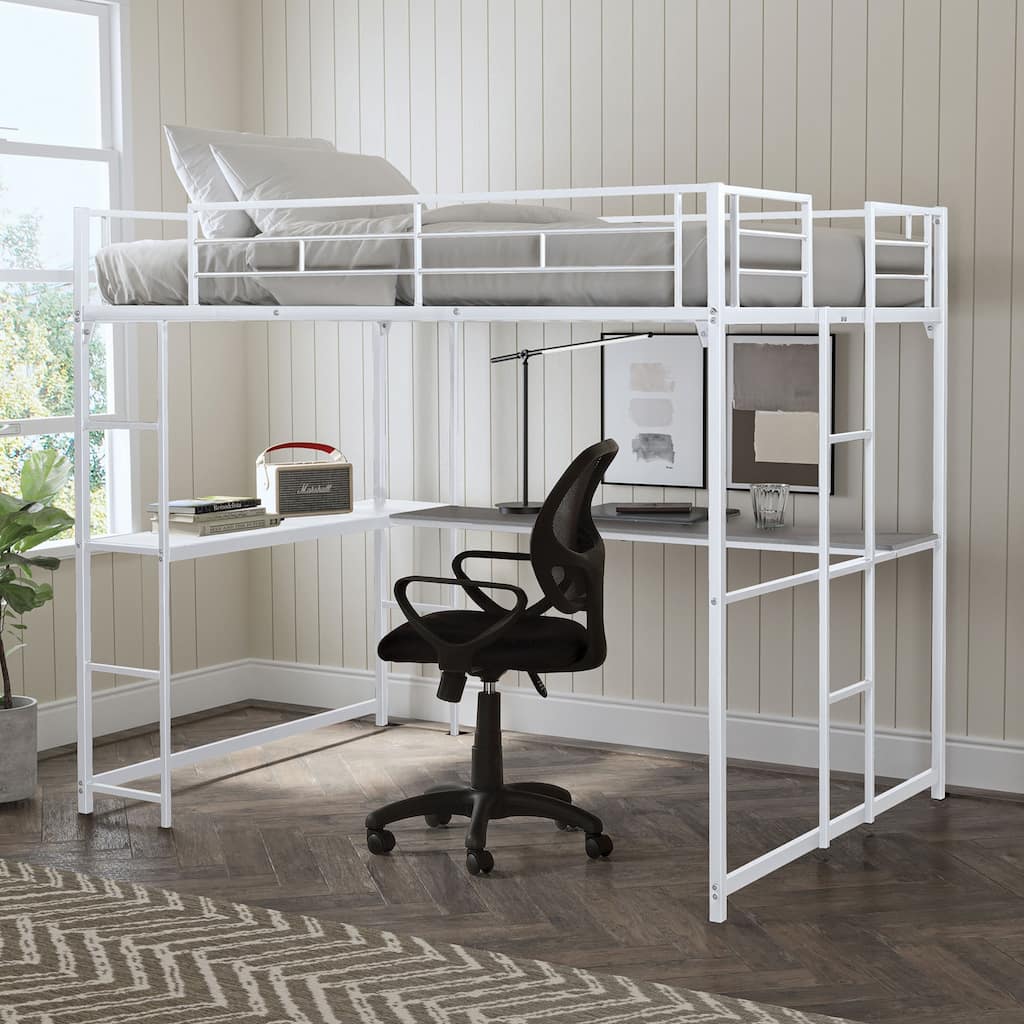 Full Loft Bed with Two Ladders and Desk, White Metal Frame, Space-Saving Design