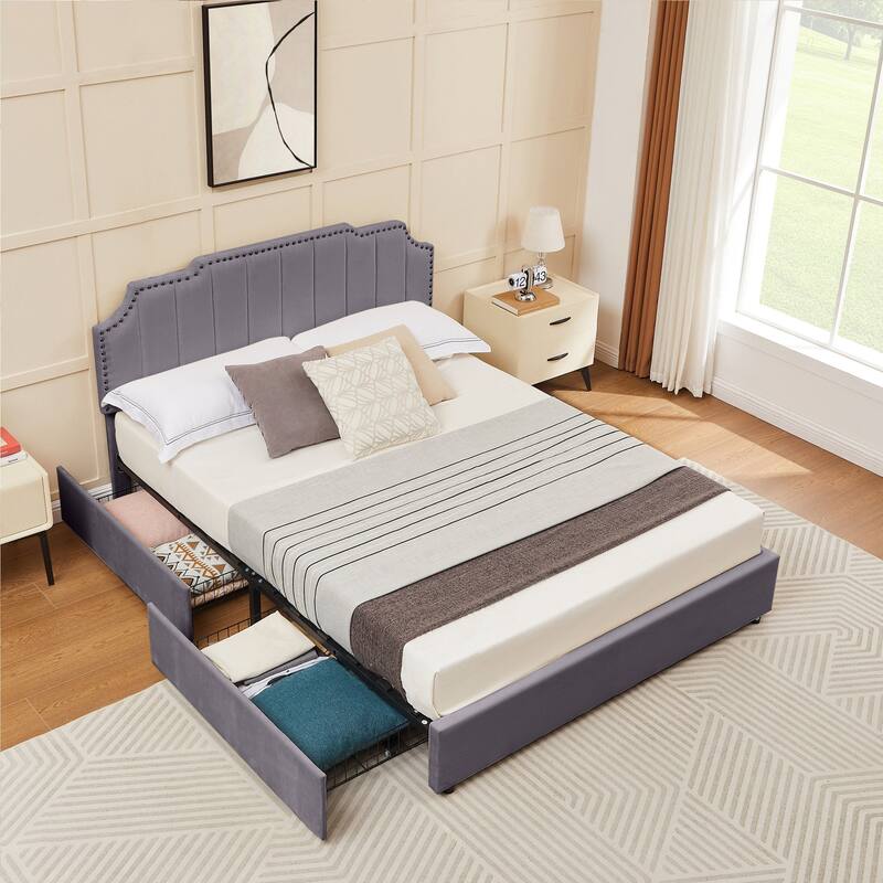 Javlergo Bed Frames with Storage Drawers Upholstered Bed with Tufted Headboard Princess Platform Bed with Wooden Slats Support