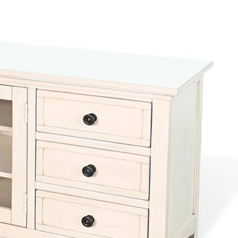 Xyla TV Stand Media Cabinet Glass Door, 6 Drawers, White Wood, 62 Inch