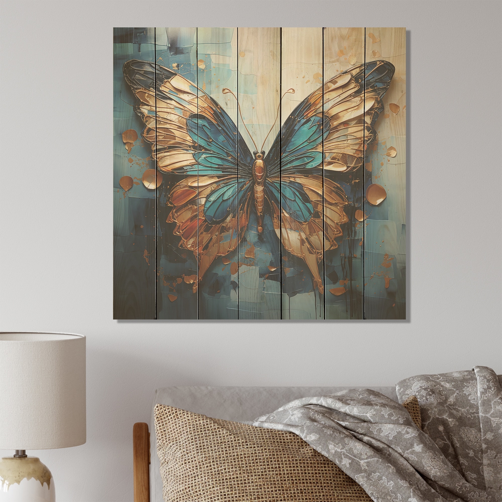 Designart "Gold And Blue Metallic Butterfly I" Butterfly Animal Wood Wall Art - Modern Wood Print on Natural Pine Wood