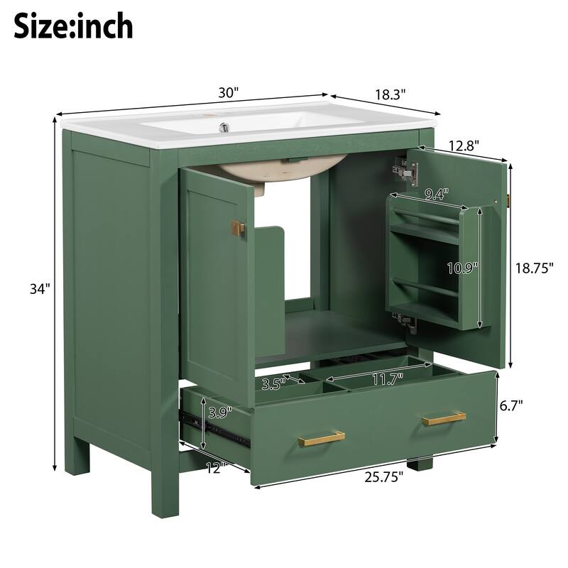 60" Green Bathroom Vanity Set with Double Vanities (Separate), Double Ceramic Sinks,Storage Shelf,and Divided Drawers