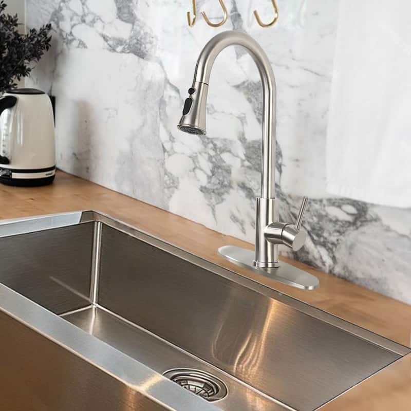 Single Handle Control Pull-Down Kitchen Faucet - Single Hole Deck Mount with Stainless Steel Sprayer