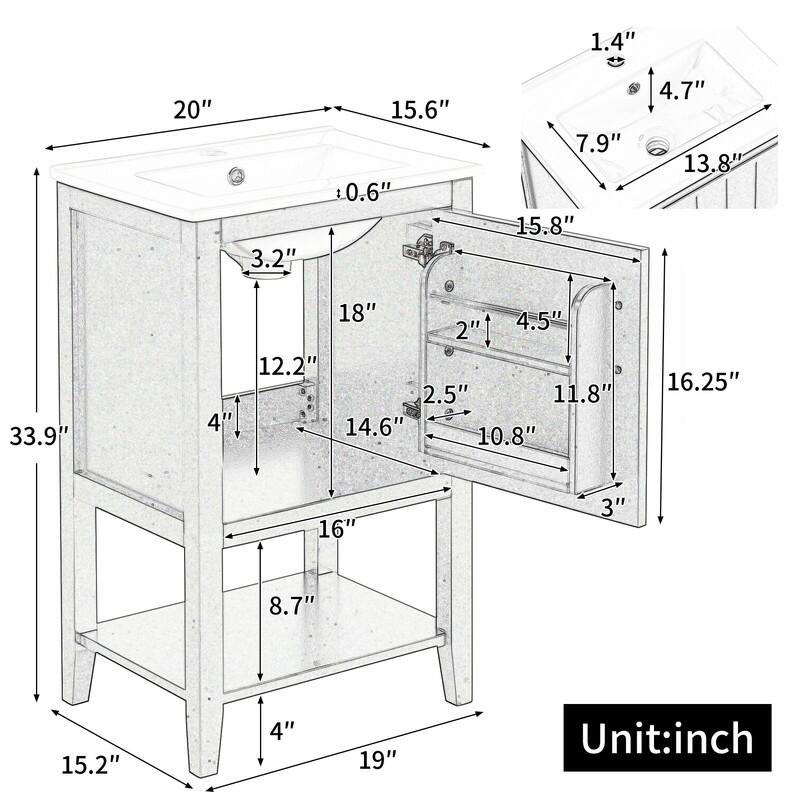 20" Bathroom Vanity with Sink, Soft Closing Door, Storage Rack and Open Shelf