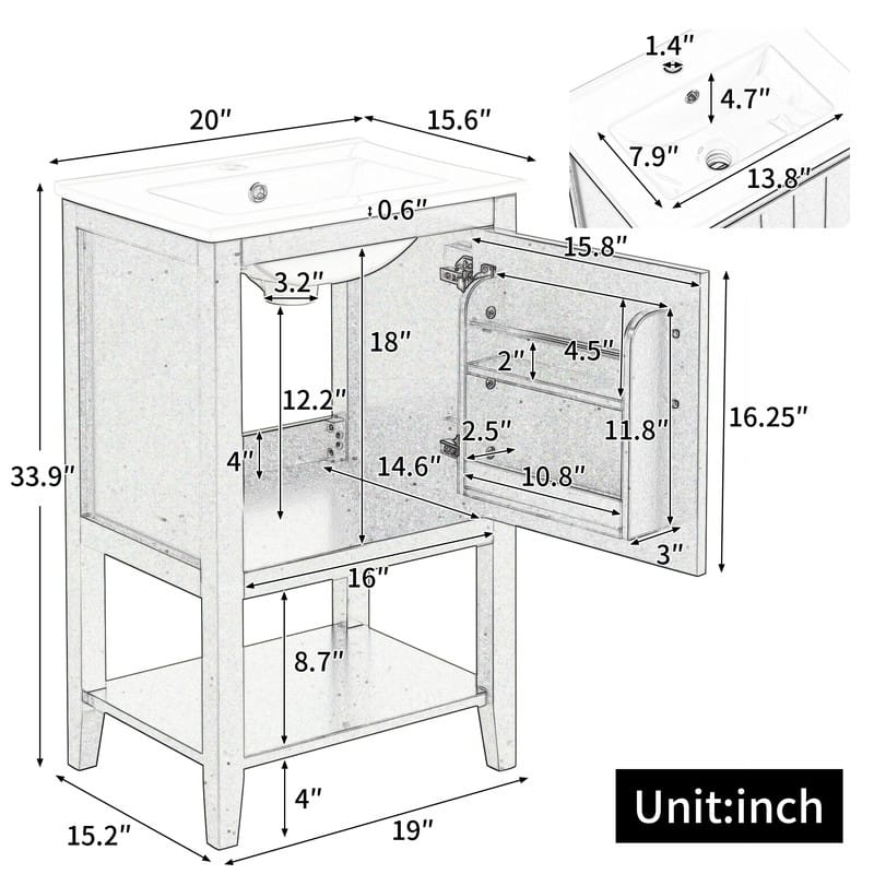 20" Bathroom Vanity with Sink – Soft-Closing Door Cabinet Featuring Storage Rack and Open Shelf‌ - 20"L x 15.5"W x 33.5"H
