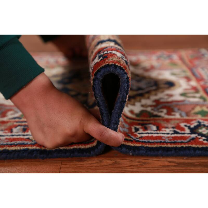 Hand Knotted Oriental 100% Wool Carpet Traditional Medallion Navy Blue & Blues Heriz (serapi) Area Rug - 3' 0'' X 2' 0''