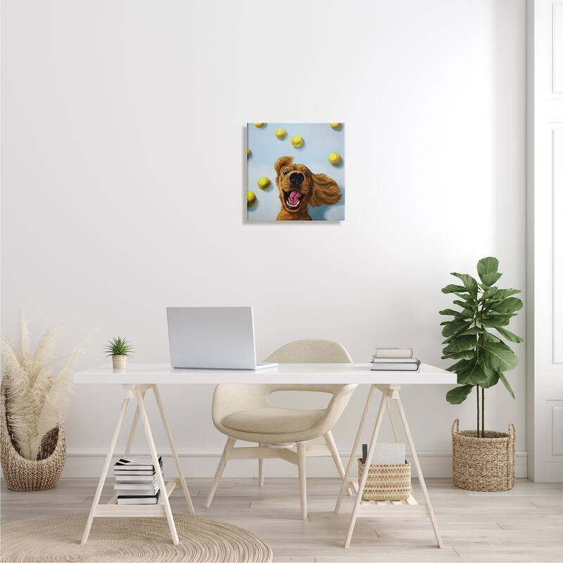 Stupell Happy Smiling Pet Dog with Yellow Tennis Balls Canvas Wall Art - Blue