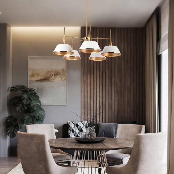 Laluz Mid Century Modern 5 Light Wheel Chandelier Gold White Lights for Dining Room White Gold 5 D 31.5 inch x H 11.8 inch 13 to 24 Inches Adjustable