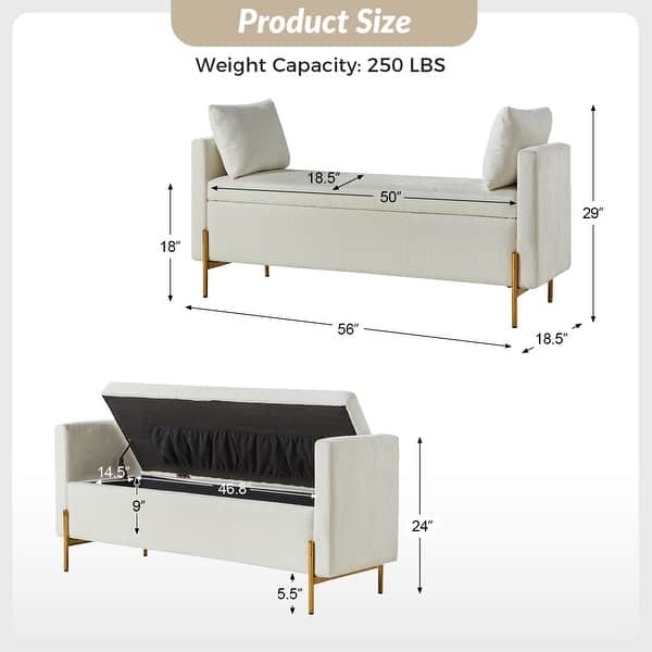 dimension image slide 0 of 5, Angelus Modern 56''W Upholstered Flip Top Storage Bench withTwo Pillows and Arms by HULALA HOME