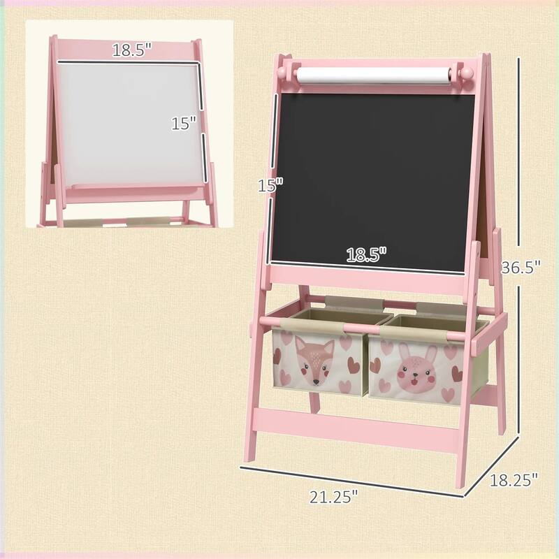 3-in-1 Kids Art Easel with Chalkboard Whiteboard Paper Roll Storage Baskets Animal Design for Toddlers Ages 3-8 Pink