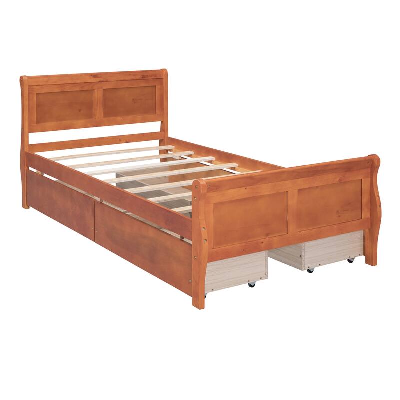 Classic Twin Size Platform Bed with 4 Large Storage Drawers, Solid Wood Bed with Streamlined
