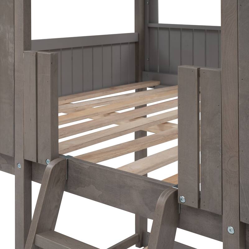 Full Over Full Size Wooden Bunk Platform Bed with Roof and Window, Fun Playhouse-Inspired Design, Kids Bedroom Furniture