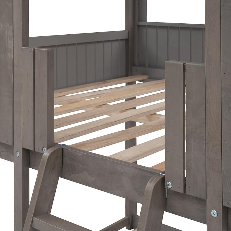 Wooden Castle House Bed Full Over Full Bunk Bed with Roof, Window, Guardrail, Ladder