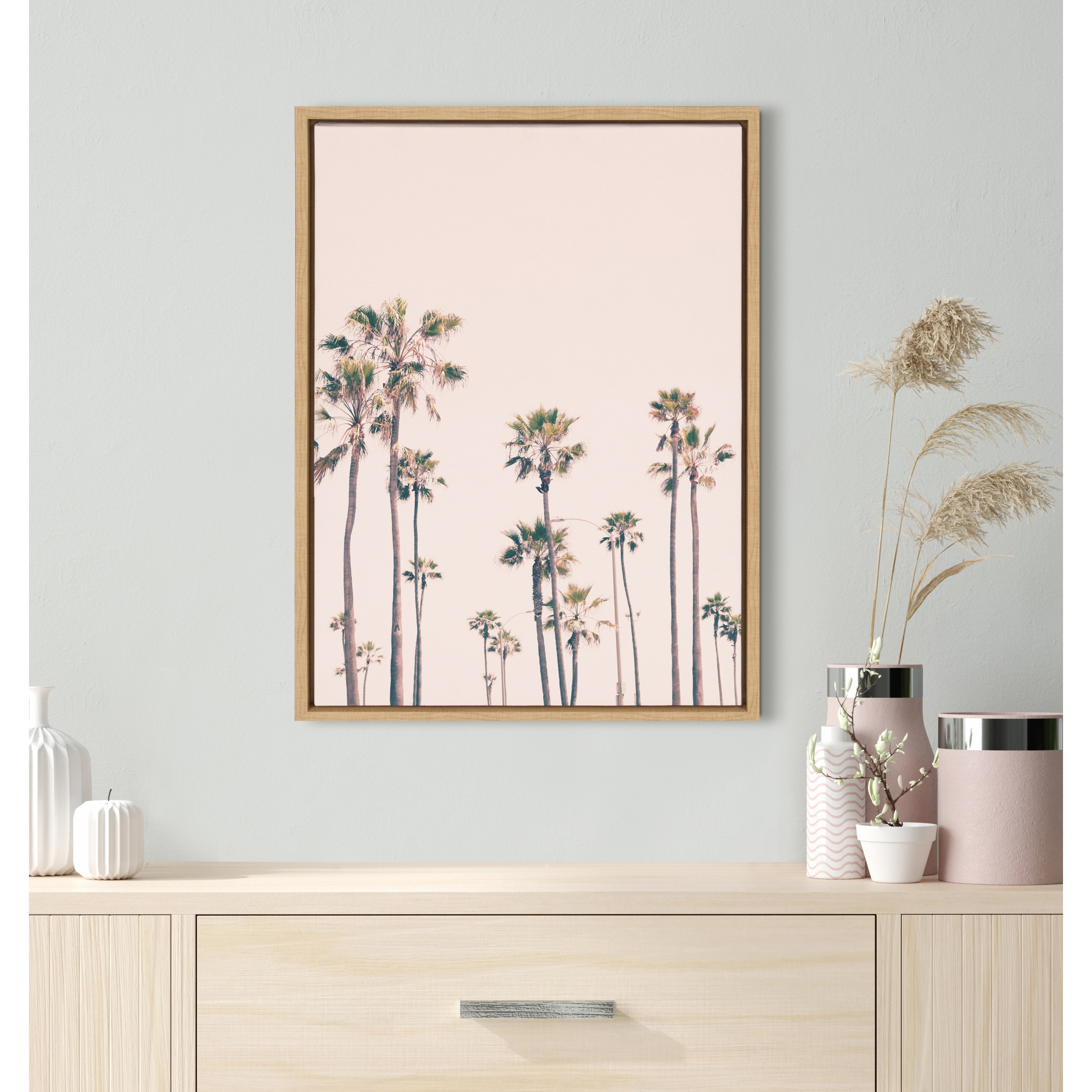 Kate and Laurel Sylvie Pink Palm Tree Paradise Framed Canvas by Caroline Mint