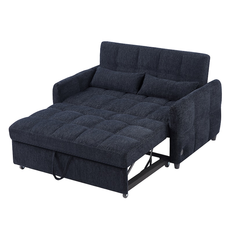 52.8" Blue Chenille Loveseat Sofa Bed with Adjustable Backrest and USB Ports