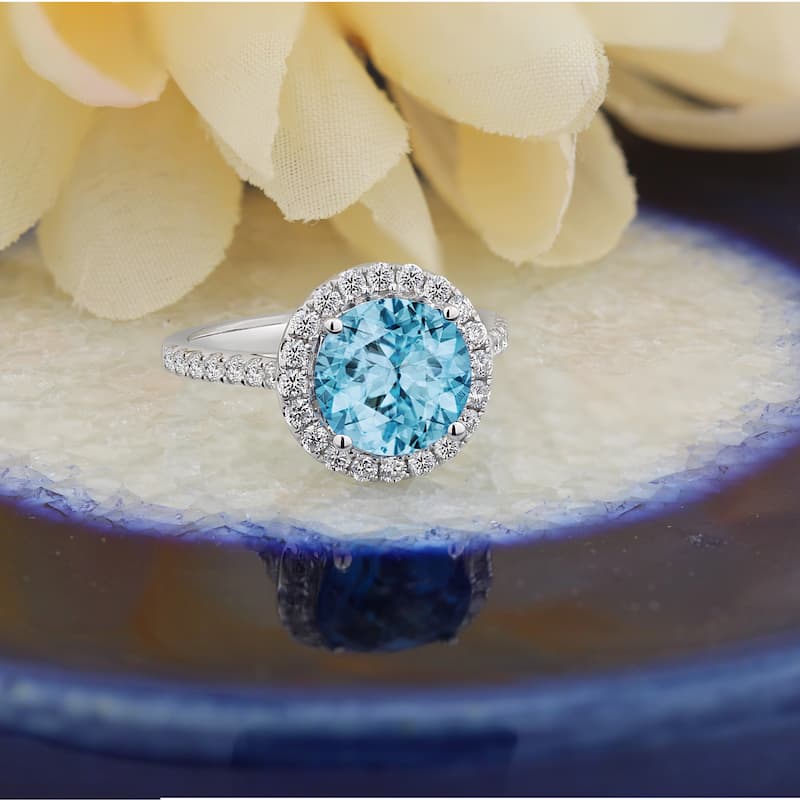 Auriya 3 1/3ct Fancy Round Sky Blue Topaz and Halo Diamond Engagement Ring 5/8ctw 14k Gold