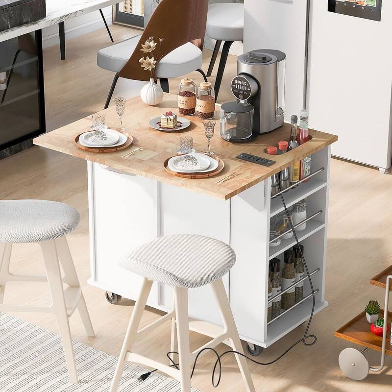 Kitchen Island Cart with Wheels ,Power Outlet, Drop Leaf, Wine Rack