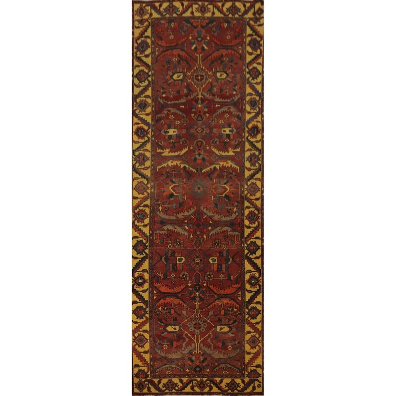 Hand Knotted Oriental 100% Wool Carpet Traditional Floral Red Heriz Runner Rug - 11' 6'' X 3' 8''