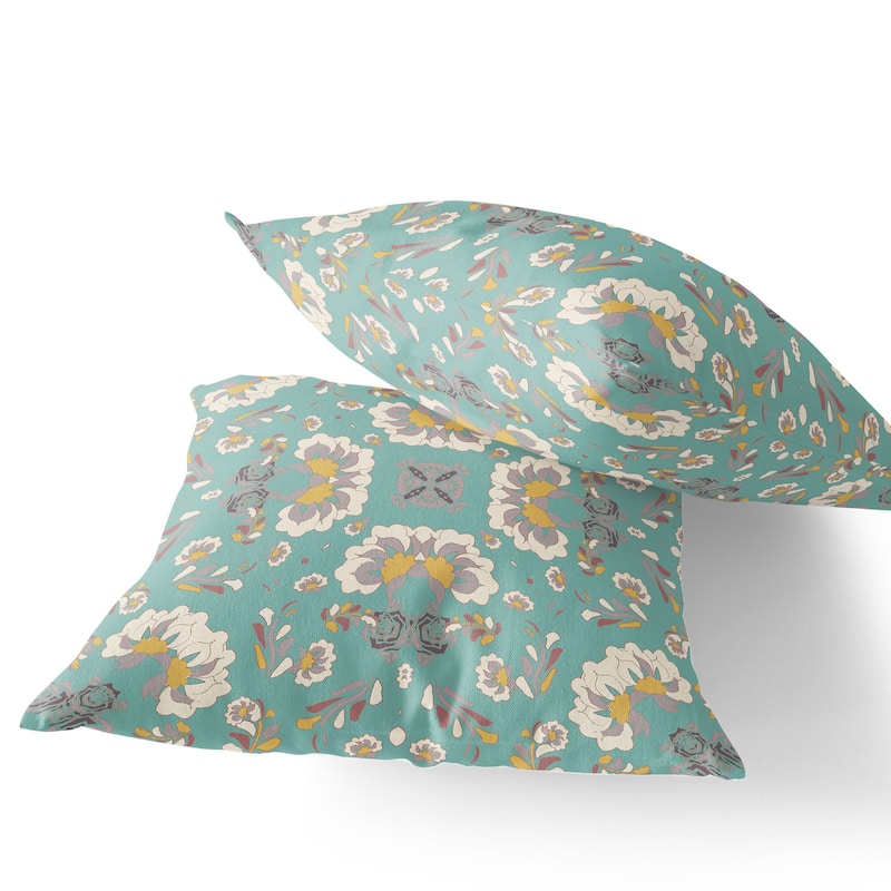 HomeRoots Set of Two 16" X 16" Green and White Blown Seam Floral Indoor Outdoor Throw Pillow - 16.00' X '16.00' X '5.00