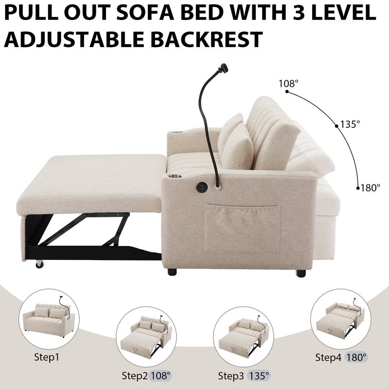 Convertible Sofa Bed with Three USB Ports, Two Side Pockets and 360°Swivel Phone Holder for Living Room