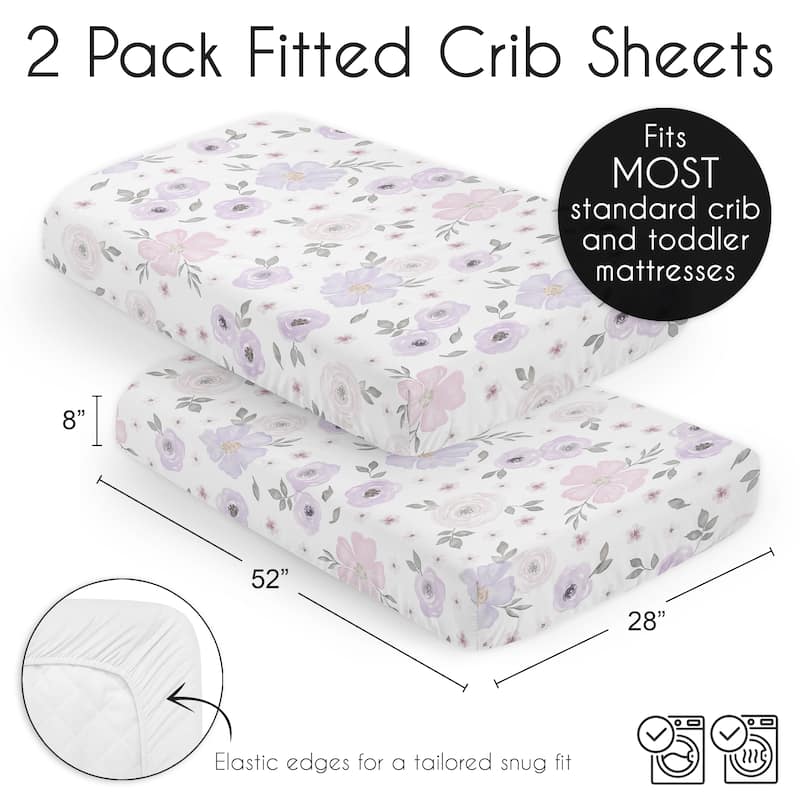 Watercolor Floral Lavender Purple Collection Baby Girl 2 Pack Fitted Crib Sheets Pink Grey White Bohemian Shabby Chic Flower