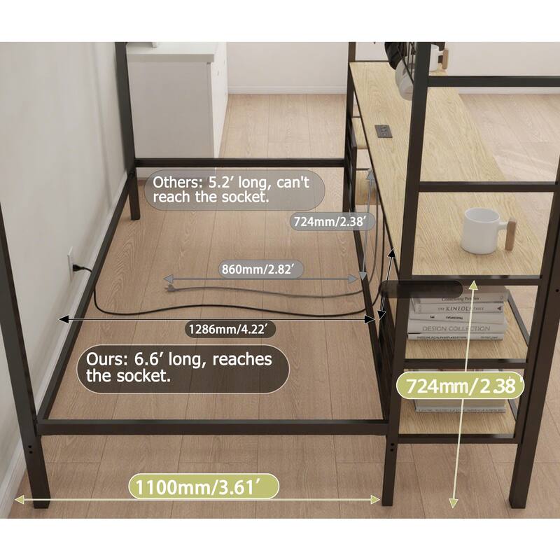 Full Over Twin Bunk Bed with Desk and Charging Station and Storage Shelves and Metal Wire Mesh Panel with Hooks,Guard & Stairs