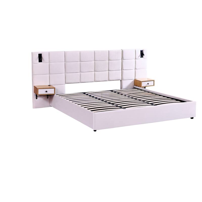Hydraulic Lift Up Storage Bed Frame, King Size Upholstered Wingback Platform Bed, 2 Side Shelves, 2 Reading Lamps and USB Ports