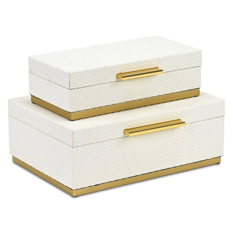 Tamsin Set of 2 Rectangular Decorative Storage Boxes - Wicker Weave Pattern with Gold Hardware