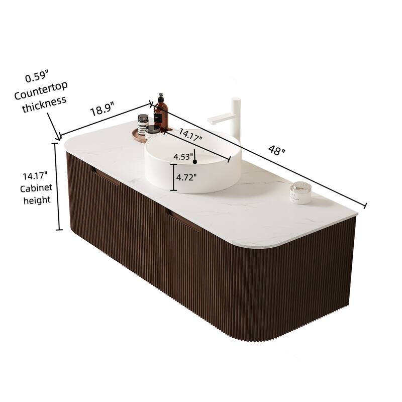 Wall-Mounted Floating Curved Edges Striped Bathroom Vanity with Sink without Faucet
