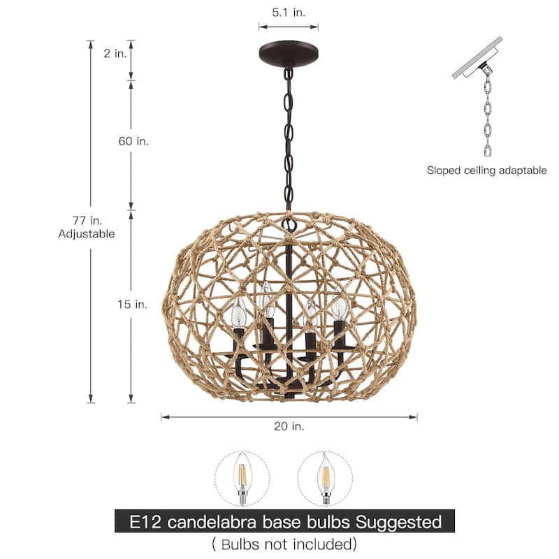 20-in 4-Light Rustic Natural Jute Rope Woven Globe Pendant Light with Brown Canopy - Coffee brown - 20 in. W - 20 in. W