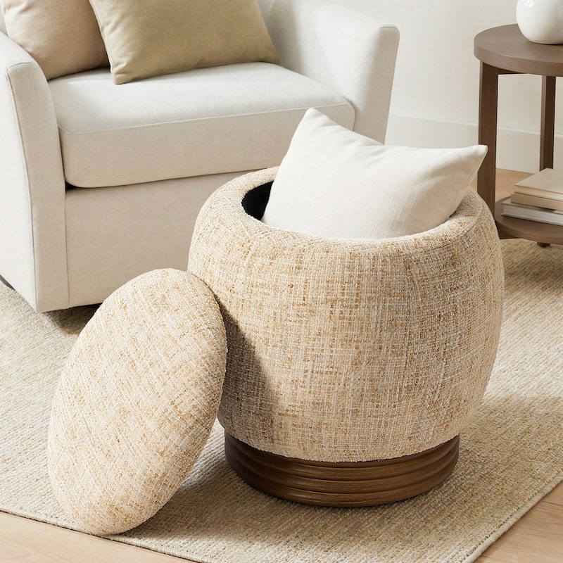 Fully Assembled Round Storage Pouf Ottoman Footstool with Flip-top and Acacia Solid Wood Frame - Chenille