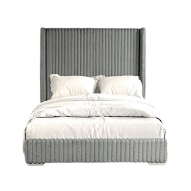 Wolo Twin Bed, Gray Fur Chenille Ribbed Upholstery, Wing Headboard