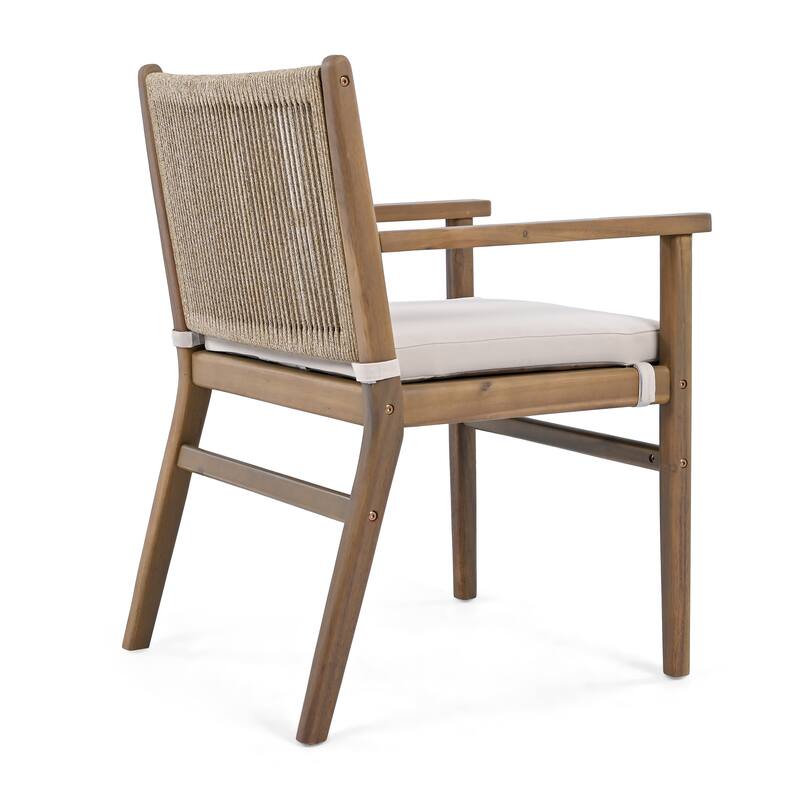 Roomfitters Outdoor Dining Chairs Set of 2, Acacia Wood Armchairs with Rope Back and Cushions, Patio Seating