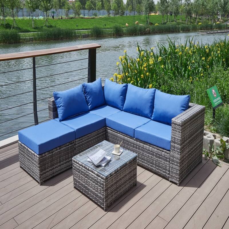 Patio Sofa Set with Cushions, All-Weather Wicker - 1-Ottoman