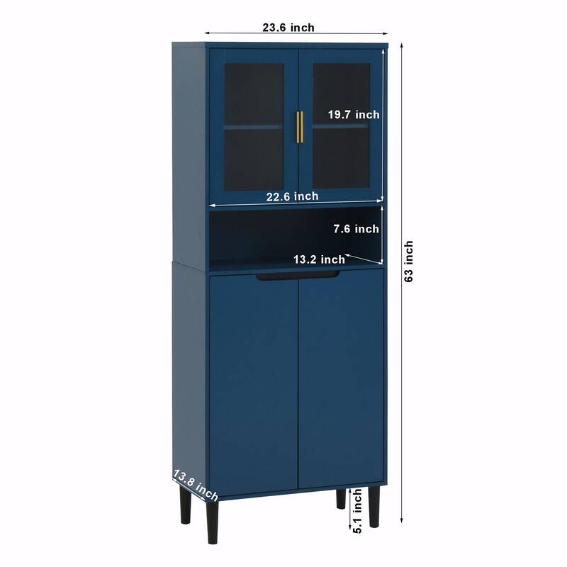 Tall Kitchen Pantry Cabinet with 2 Glass Display Doors & 2 Solid Doors