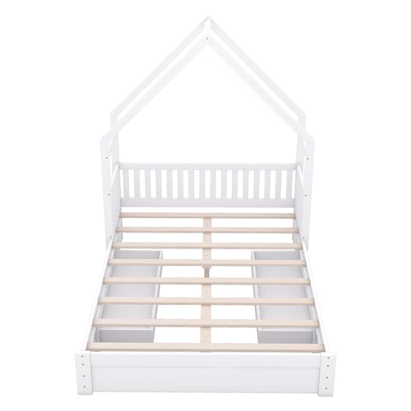 Wood Queen Size House Platform Bed with Guardrail and 2 Drawers