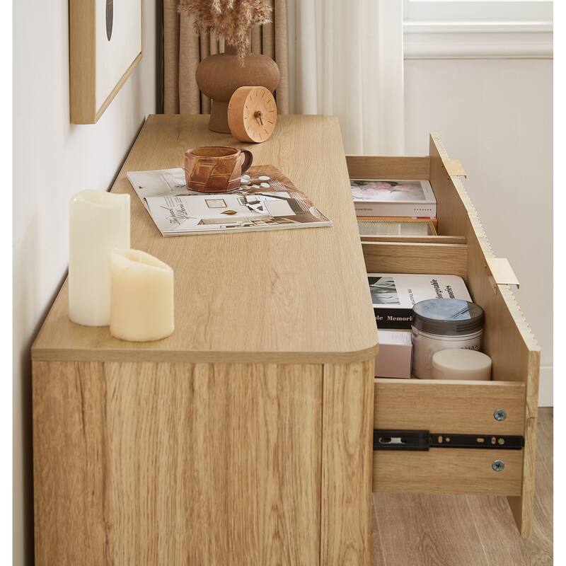 Fluted Dresser with 6 Drawers, Curved Wooden Storage Dressers TV Stand, Multi-functional Closet Clothes Storage Organizer