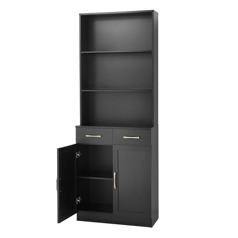 Storage Cabinet for Bathroom, 2 Doors Wooden Cabinet with 2 Drawers Three-layer Open Shelf, Bathroom Floor Cabinets
