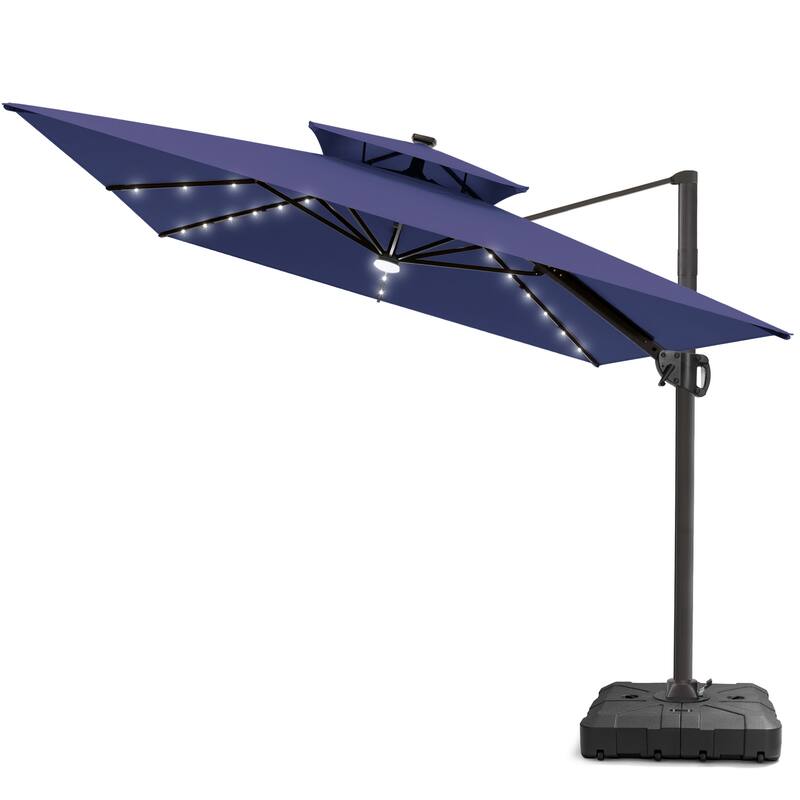 9 X 11 FT Outdoor Patio Cantilever Umbrella with Solar Lights All-Weather Wheeled Base Double Canopy 360 Rotation Tilt