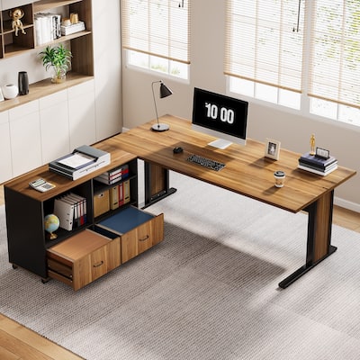 63" Corner Executive Computer Desk and Mobile File Cabinet Set for Home Office