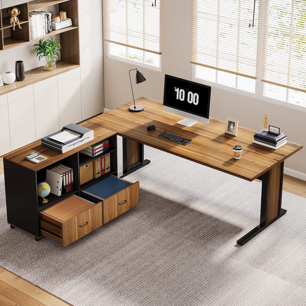 63" Corner Executive Computer Desk and Mobile File Cabinet Set for Home Office
