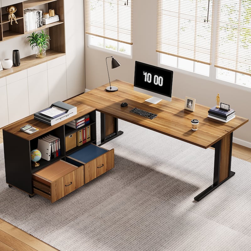 63" Large Executive Desk L Shaped Computer Desk with File Storage Cabinet