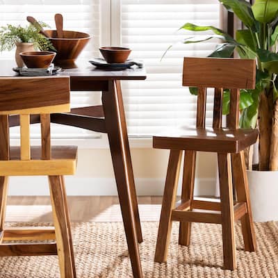 Luli Suar Wood Counter Stool - Handcrafted Solid Wood Stool with Backrest, Rustic Modern Seating for Kitchen or Dining Area