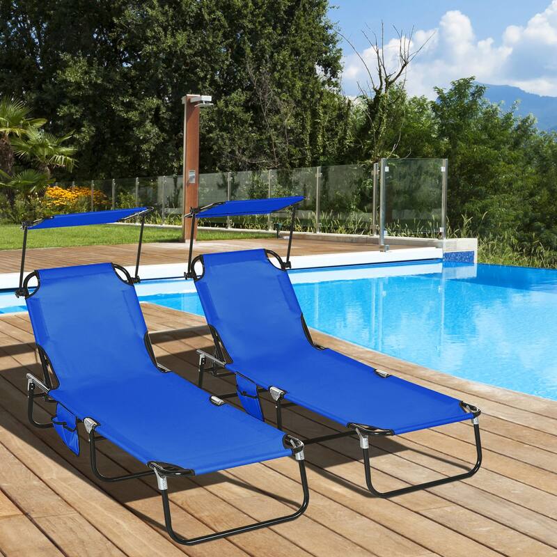 Outdoor Folding Pool Lounge Chairs & Beach Chairs with Canopy Shade, Reclining Back and Side Pocket, Set of 2