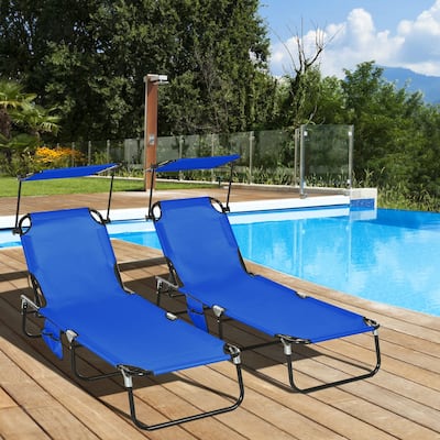 Outdoor Folding Pool Lounge Chairs & Beach Chairs with Canopy Shade, Reclining Back and Side Pocket, Set of 2