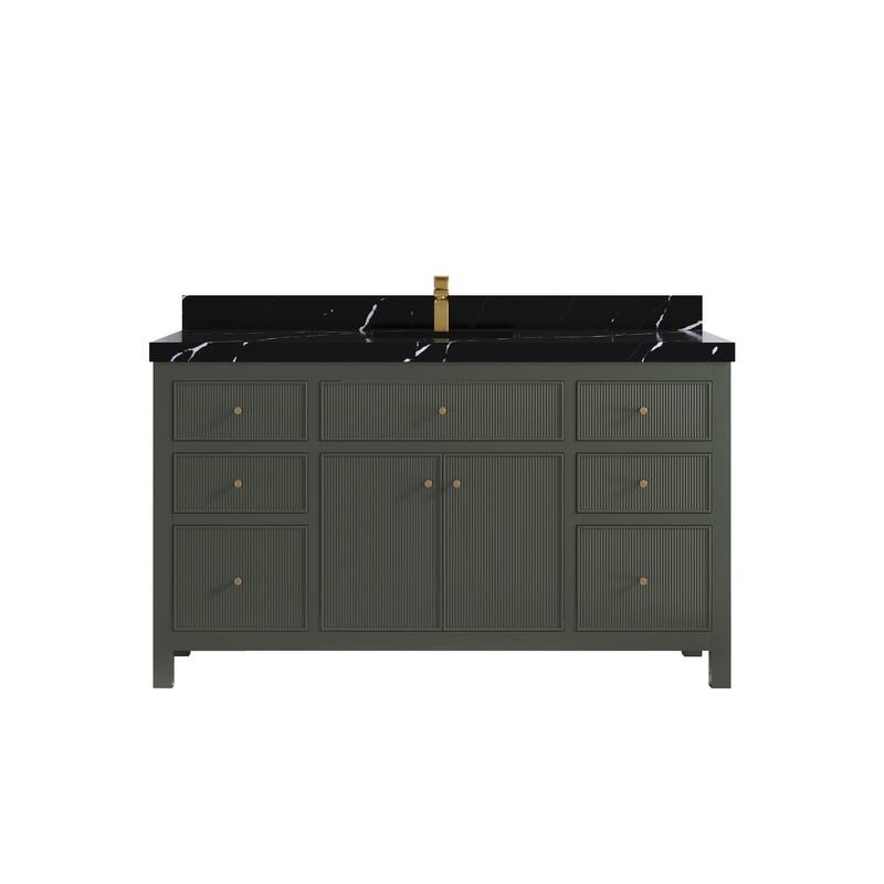 Willow Collections 60 in W x 22 in D Sonoma Free Standing Reeded Single Sink Bathroom Vanity with Countertop - 2" Calacatta Black - Pewter Green